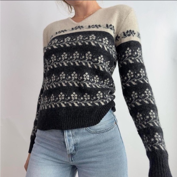 Ann Taylor black and cream floral patterned sweater V-neck Retro Chic vintage - Picture 3 of 6